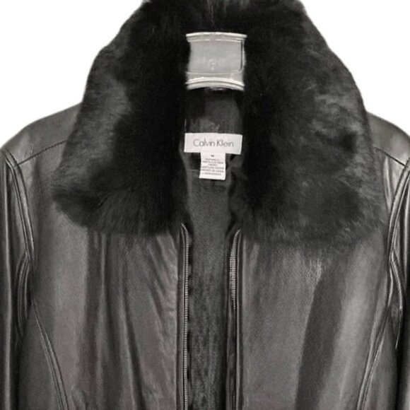 Calvin Klein Stylish Black Leather Jacket Short Coat Fur Collar Womens Small - Picture 6 of 14